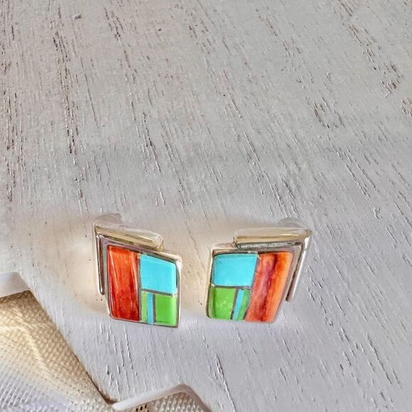 VTG A Francisco Native Navajo Spiny Oyster Turquoise Sterling Vintage Earrings - Picture 4 of 10